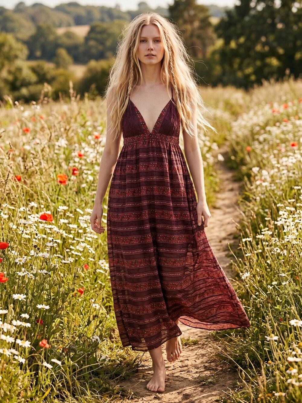 Free People Bohemian Retro 70s Floral Lace Lotus Maxi Dress Small Brown Floral